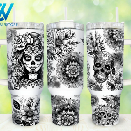 Sugar Skull Black and White Floral Mandala 30oz or 40oz Stainless Steel Tumbler With Handle QDH