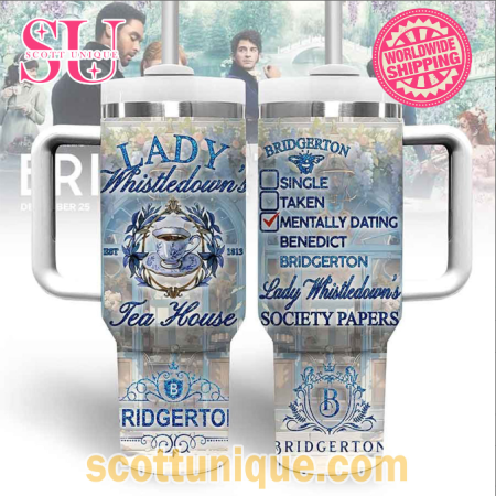 Lady Whistledown’s Tea House Bridgerton Blue 30oz or 40oz Stainless Steel Tumbler With Handle QDH