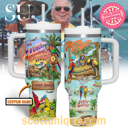 Jimmy Buffett It’s Five O’Clock Somewhere 30oz or 40oz Stainless Steel Tumbler With Handle QDH