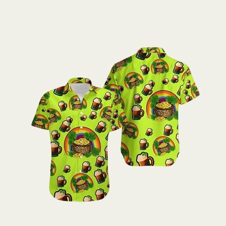 St Patricks Shamrock Gold Leopard Rainbow Print Beer Hawaiian Shirt