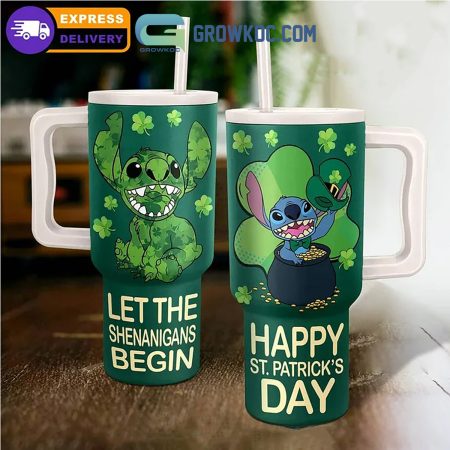 Stitch Let The Shenanigans Begin Happy St. Patrick’s Day 30oz or 40oz Stainless Tumbler With Handle NVA