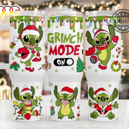 Stitch Cup Christmas Disney Lilo And Stitch Cartoon Grinch Mode On Travel Xmas Gift For Family Printed 30oz or 40oz Quencher Tumbler LN