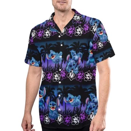 Stitch and Lilo Coconut Trees Purple Pattern Hawaiian Shirt