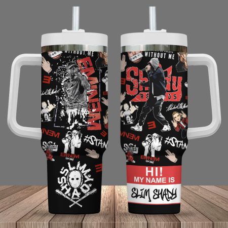 Black Eminem Hi My Name Is Slim Shady Quencher 30oz or 40oz Stainless Steel Tumbler With Handle CP
