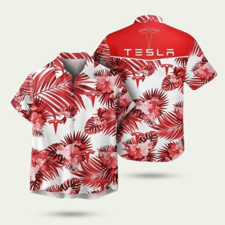 Tesla Logo Tropical White And Red Pattern Hawaiian Shirt