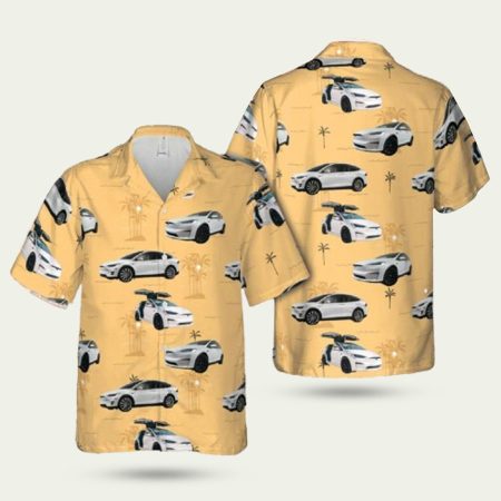 Tesla Model X White Yellow Pattern Hawaiian Shirt