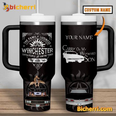 The Family Business Winchester Carry On My Wayward Son Custom Name 30oz or 40oz Stainless Tumbler With Handle NVA