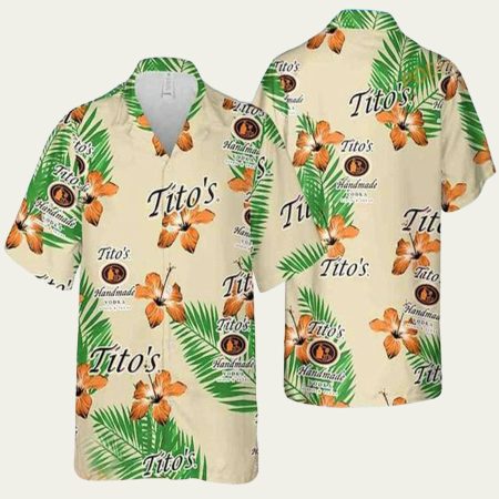 Tito’s Vodka Funny Hibiscus Flower And Palm Leaves Pattern Hawaiian Shirt