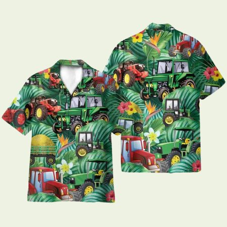 Tractor Tropical Green Leaf Forest Pattern Hawaiian Shirt