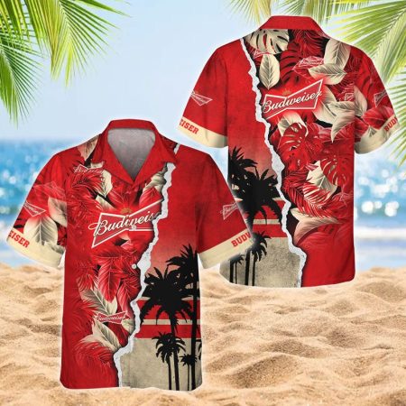 Tropical Palm Red Budweiser Logo 3d Print Hawaiian Shirt, Red Budweiser Palm Leaf Button Down Hawaiian Shirt, Budweiser Beer Aloha Summer Shirt