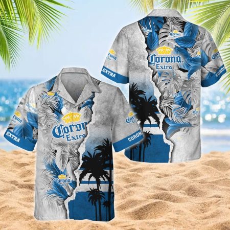 Tropical Palm Corona Extra 3d Printed Hawaiian Shirt, Corona Extra Tropical Leaf Button Down Shirt, Blue Palm Leaf Corona Beer Summer Aloha Shirt