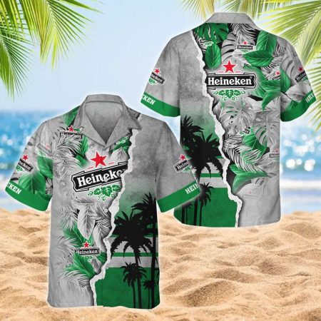 Tropical Palm Heineken Logo 3d Print Hawaiian Shirt, Heineken Tropical Leaf Button Down Hawaiian Shirt, Heineken Beer Aloha Summer Beach Shirts