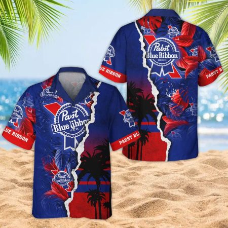 Tropical Palm Pabst Blue Ribbon Logo Print Hawaiian Shirt, Pbr Beer Tropical Button Down Hawaiian Shirts, Pabst Blue Ribbon Summer Aloha Shirts