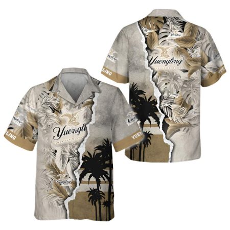 Tropical Palm Yuengling 3d Printed Hawaiian Shirt, Yuengling Vintage Tropical Leaf Button Down Shirt, Palm Leaf Yuengling Beer Summer Aloha Shirt