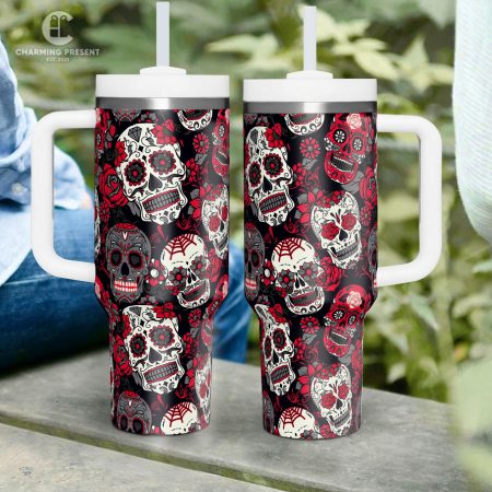 Vintage Sugar Skull Floral Printed 30oz or 40oz Quencher Tumbler LN With Handle And Straw – Halloween Gift