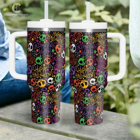 Tiny Cute Sugar Skull Printed 30oz or 40oz Quencher Tumbler LN With Handle And Straw – Halloween Gift