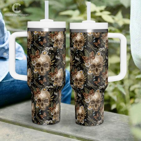 Vintage Skull With Flower Printed 30oz or 40oz Quencher Tumbler LN With Handle And Straw – Halloween Gift