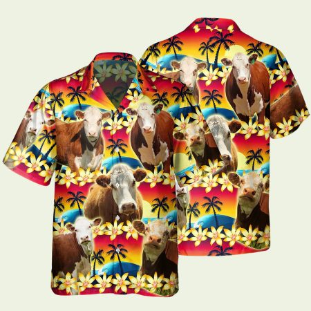Vintage Hereford Tropical Sunset Hibiscus And Palm Tree Hawaiian Shirt