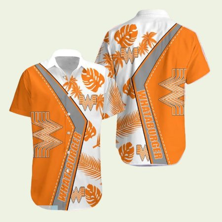 Whataburger Logo Palm Leaves Orange And White Hawaiian Shirt