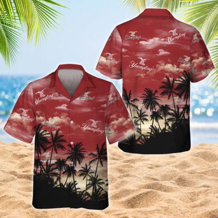 Yuengling Tropical Sunset Hawaiian Shirt, Sunset Tropical Palm Shadow Button Down Hawaiian Shirts, Yuengling Sunset Tropical Island Summer Shirt