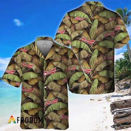 Budweiser Tropical Banana Leaves Hawaiian Shirt, Budweiser Banana Leaf Abstract Summer Aloha Shirt, Budweiser Button Down Hawaiian Shirt