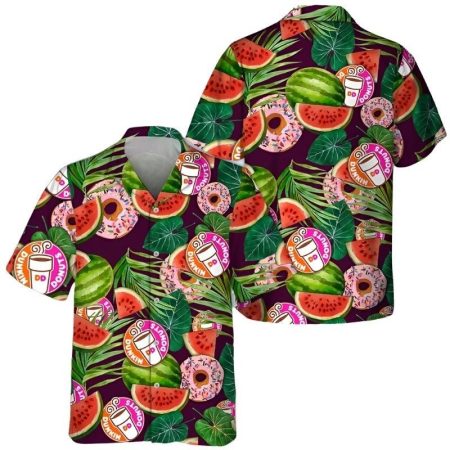 Tropical Dunkin' Donuts Watermelon Hawaiian Shirt, Dunkin' Donuts Aloha Button Down Short Sleeve Shirt, Dunkin' Donuts Summer Beach Aloha Shirts