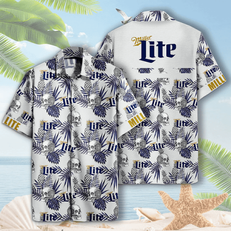 Miller Lite Skull Pineapple Pattern Hawaiian Shirt, Miller Lite Beer Aloha Summer Shirt, Miller Lite Beer Tropical Button Down Hawaiian Shirt