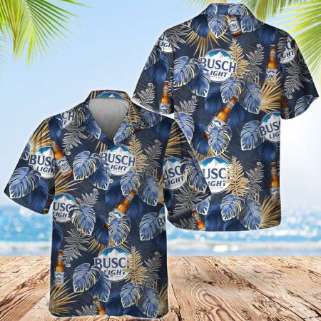 Blue Busch Light Tropical Leaf Hawaiian Shirts, Blue Monstera Busch Light Button Down Hawaiian Shirt, Tropical Busch Light Summer Aloha Shirts