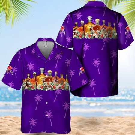 Crown Royal Collection Purple Hawaiian Shirt, Crown Royal Palm Tree Summer Aloha Shirts, Tropical Crown Royal Whisky Button Down Hawaiian Shirts