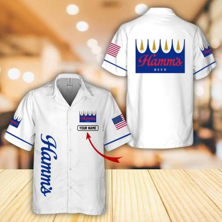 Personalized White Hamm's Beer Hawaiian Shirt For Men, Hamm's Beer Button Down Short Sleeve Shirt, Hamm's Beer Logo Printed Summer Aloha Shirts