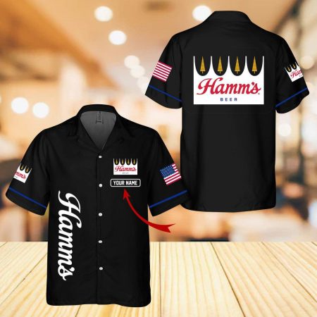 Personalized Black Hamm's Beer Hawaiian Shirt For Men, Hamm's Beer Button Down Short Sleeve Shirt, Hamm's Beer Logo Printed Summer Aloha Shirts