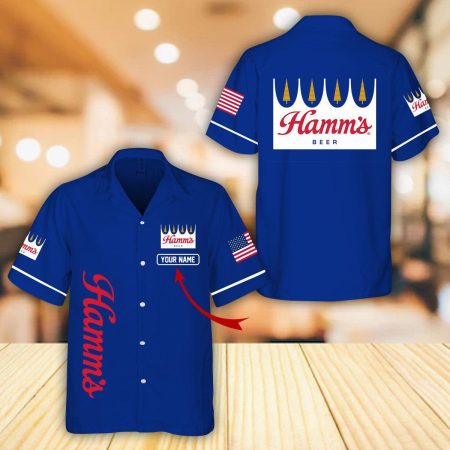 Personalized Blue Hamm's Beer Hawaiian Shirt For Men, Hamm's Beer Button Down Short Sleeve Shirt, Hamm's Beer Logo Printed Summer Aloha Shirts