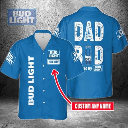 Personalized Dad Bod Powered By Bud Light Hawaiian Shirt, Bud Light Beer Aloha Summer Shirt, Bud Light Beer Button Down Short Sleeve Shirt