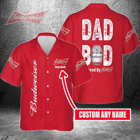 Personalized Dad Bod Powered By Budweiser Hawaiian Shirt, Budweiser Beer Aloha Summer Shirt, Budweiser Beer Button Down Short Sleeve Shirt