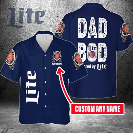 Personalized Dad Bod Powered By Miller Lite Hawaiian Shirt, Miller Lite Beer Aloha Summer Shirt, Miller Lite Beer Button Down Short Sleeve Shirt