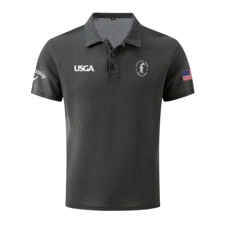 Dark Gray Callaway 124th U.S. Open Pinehurst Mesh Comfy Men’s Stretch Solid Short Sleeve Lapel Golf Shirt