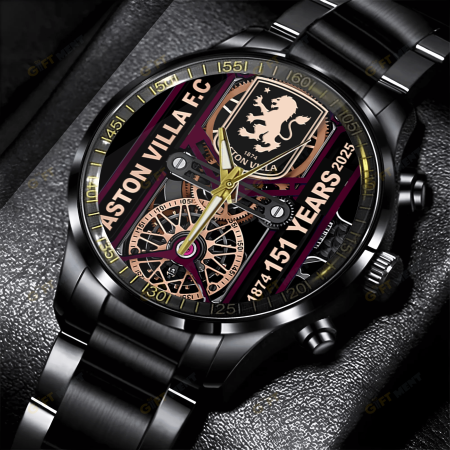 Aston Villa F.C Premier League Black Stainless Steel Watch Gift For Fan