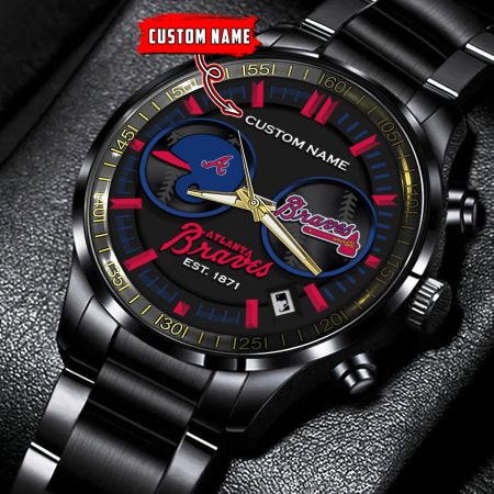 Atlanta Braves MLB Personalized Black Stainless Steel Watch Gifts For Fans