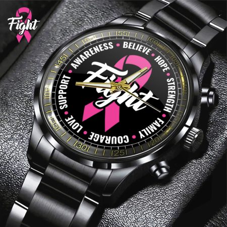 Breast Cancer Awareness Black Stainless Steel Watch Gift For Fan