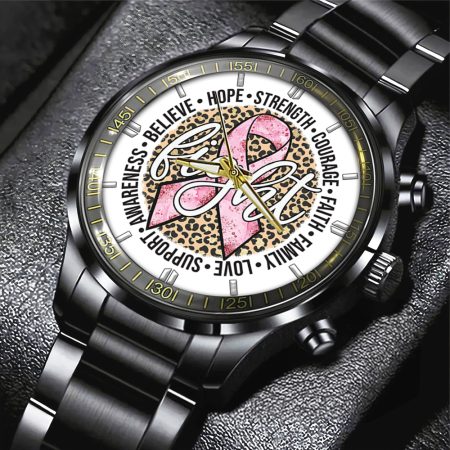 Breast Cancer Awareness Black Stainless Steel Watch Gift For Fan
