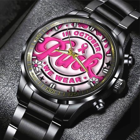 Breast Cancer Awareness Black Stainless Steel Watch Gift For Fan