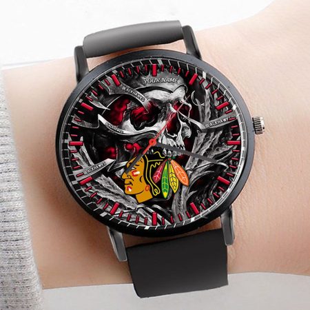 Chicago Blackhawks NHL Personalized Skull 3D Men Leather Hand Watch Gift For Fans For Father