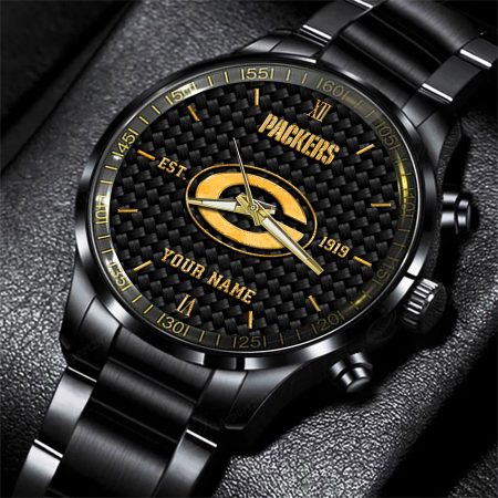 Green Bay Packers NFL Black Fashion Hand Watch Custom Your Name Gift For Fan