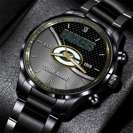Green Bay Packers NFL Black Fashion Hand Watch Custom Your Name Gift For Fan