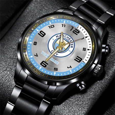 Manchester City EPL Personalized Black Stainless Steel Hand Watch For Fan