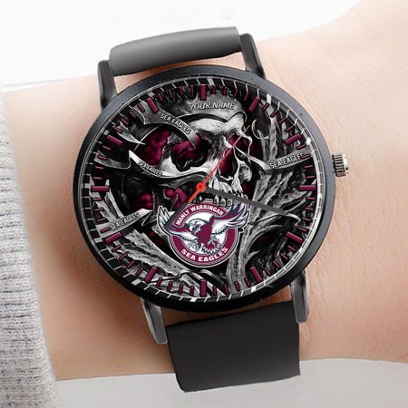 Manly Warringah Sea Eagles NRL 3D Men Skull Leather Hand Watch Personalized Gift For Fans For Father For Fan