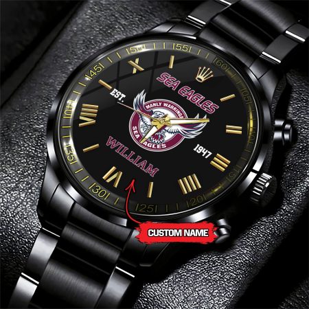Manly Warringah Sea Eagles NRL Custom Name Black Fashion Watch