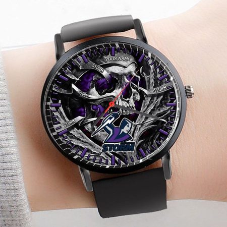 Melbourne Storm NRL 3D Men Skull Leather Hand Watch Personalized Gift For Fans For Father For Fan