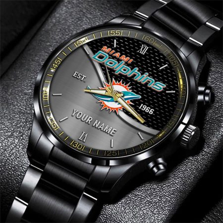 Miami Dolphins NFL Black Fashion Hand Watch Custom Your Name Gift For Fan