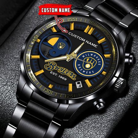 Milwaukee Brewers MLB Personalized Black Stainless Steel Watch Gifts For Fans
